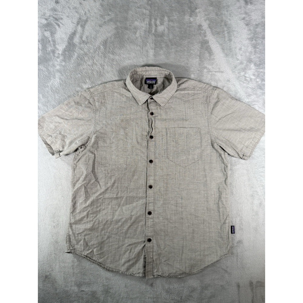 Patagonia Shirt Men's Medium Grey Slub Poplin Short Sleeve Button Up